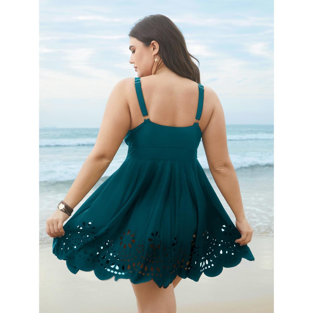 Plus Size Laser Cut Surplice Neck Waist-Cinched Swim Dress Women's Swimwear Black Beach Bodycon Overlap Collar High stretch Curve Swim Dresses BloomChic 10/M Product Image
