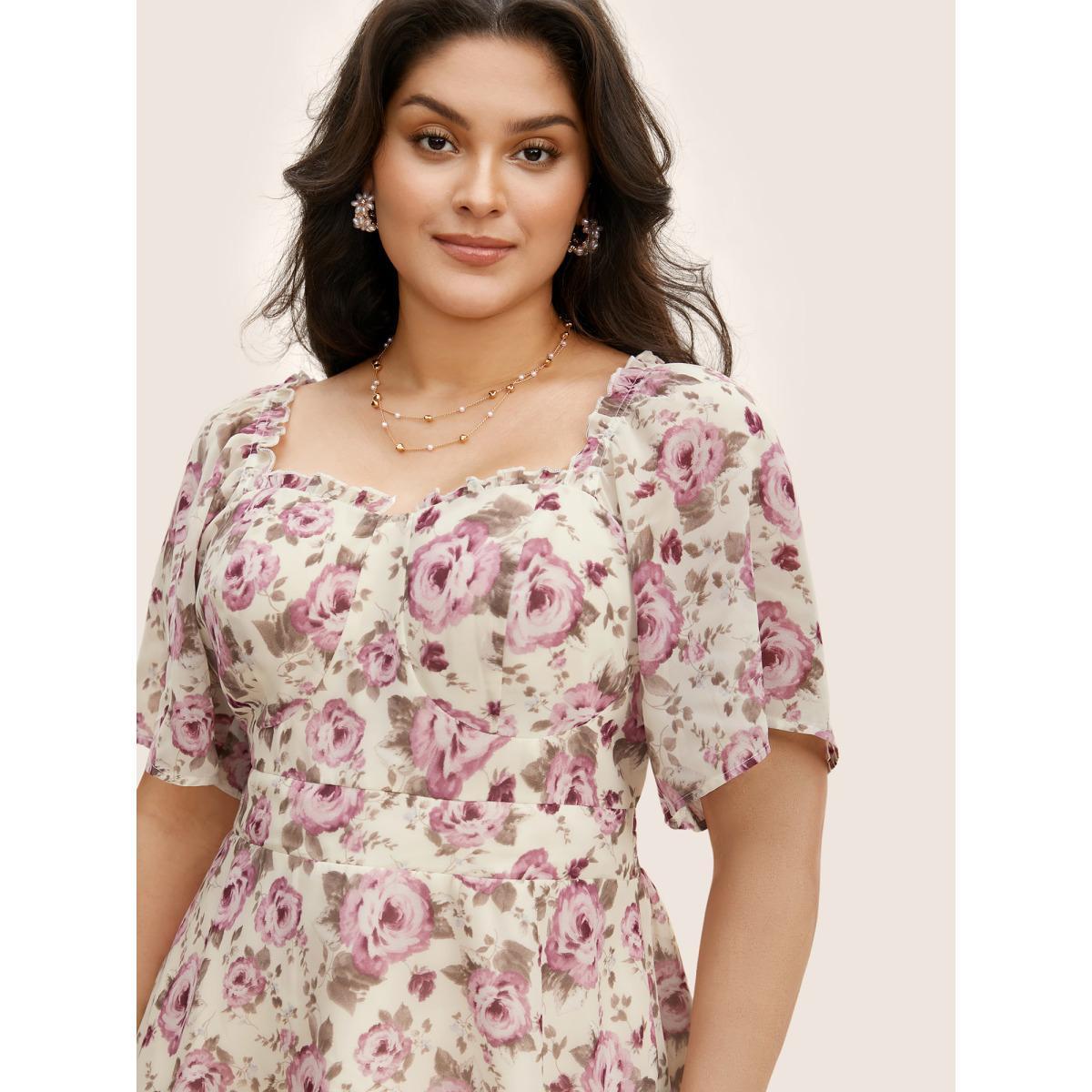 Plus Size Ivory Heart Neckline Floral Shirred Ruffles Blouse Women Elegant Short sleeve Heart neckline Everyday Blouses BloomChic 22-24/3X Product Image