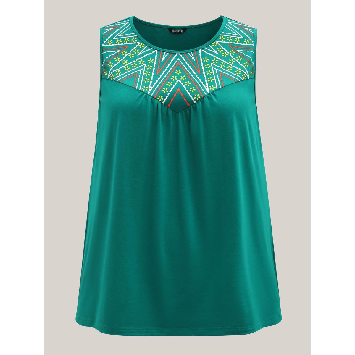 Plus Size Bamboo Cotton Stretchy 3D Print Tank Top Women Teal Gathered Round Neck Vacation Tank Tops Camis BloomChic 18-20/2X Product Image