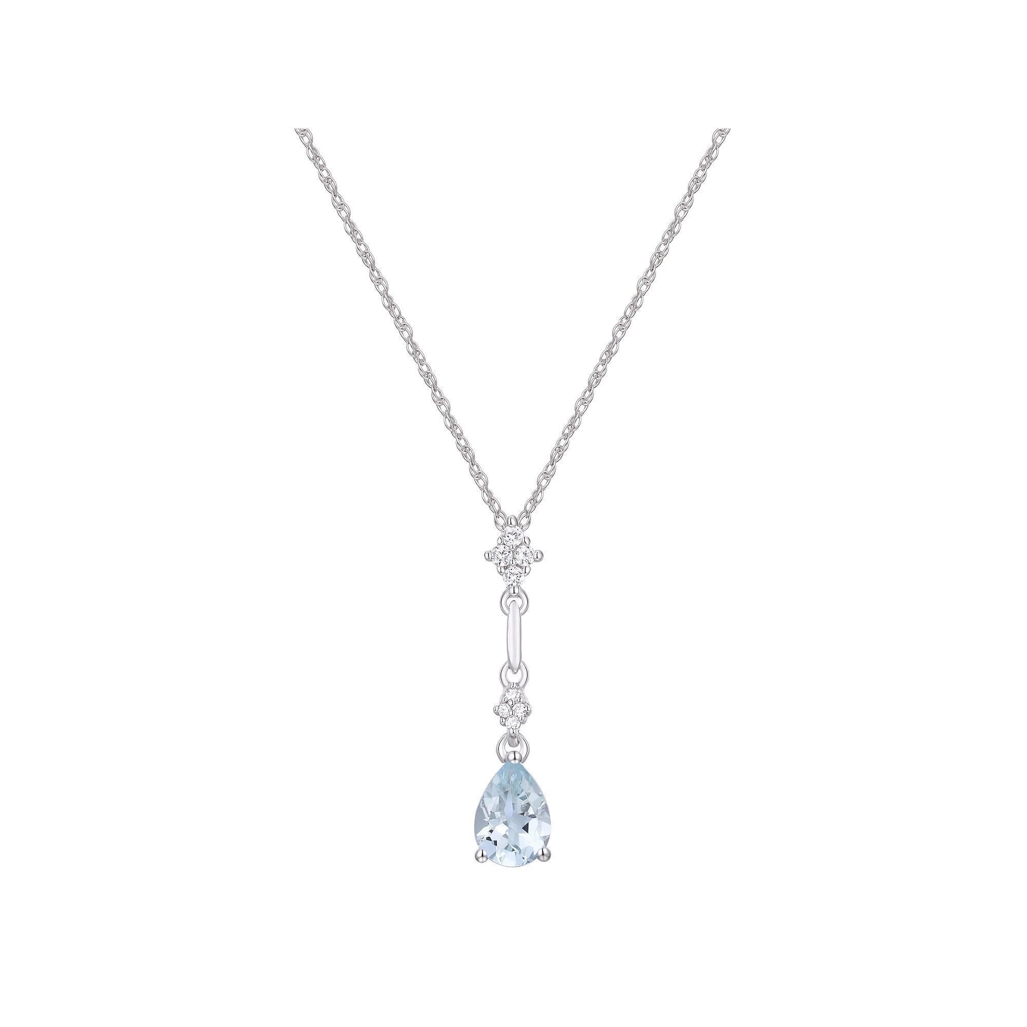 Rhodium Over Sterling Silver Teardrop Gemstone With Lab-Created White Sapphire Accents Pendant Necklace, Women's, Size: 18", Genuine Aquamarine Product Image