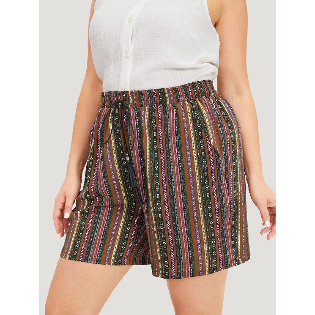 Plus Size Bandana Striped Drawstring Tassel Beaded Detail Shorts Women Multicolor Vacation Tassels Dailywear Shorts BloomChic 22-24/3X Product Image