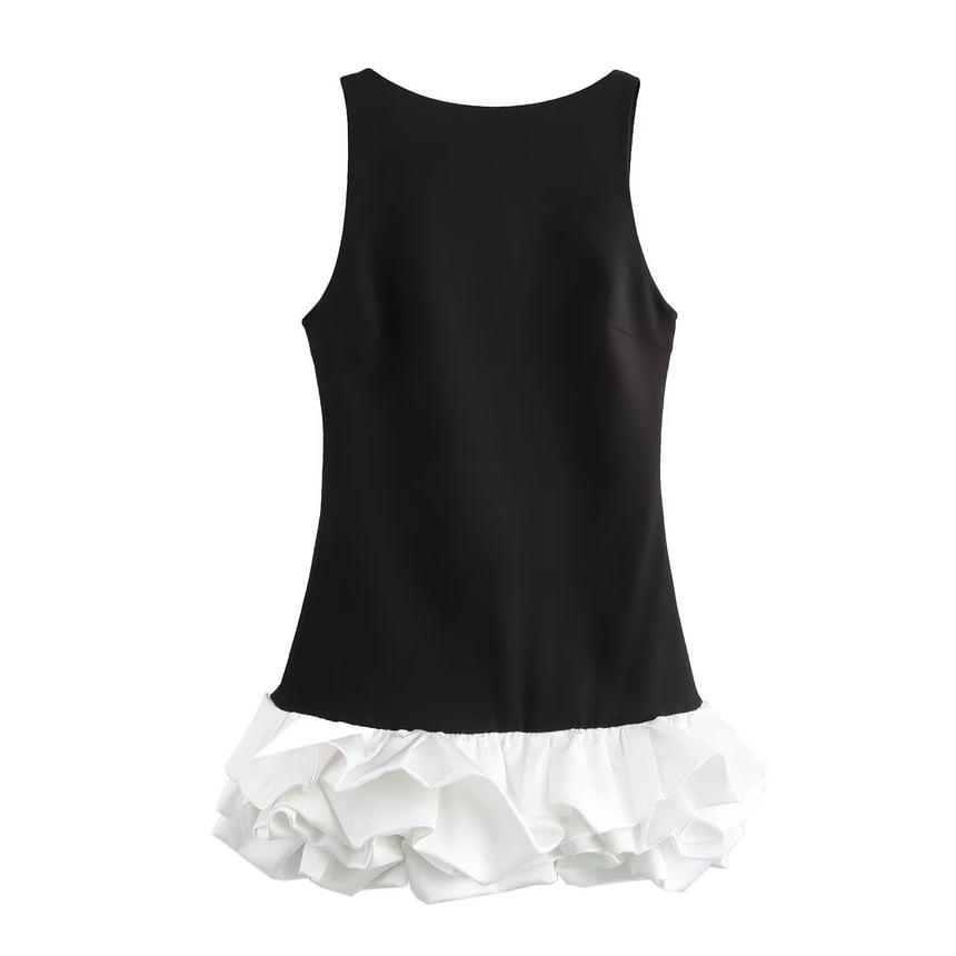 Sleeveless Boatneck Two Tone Ruffle Romper Product Image