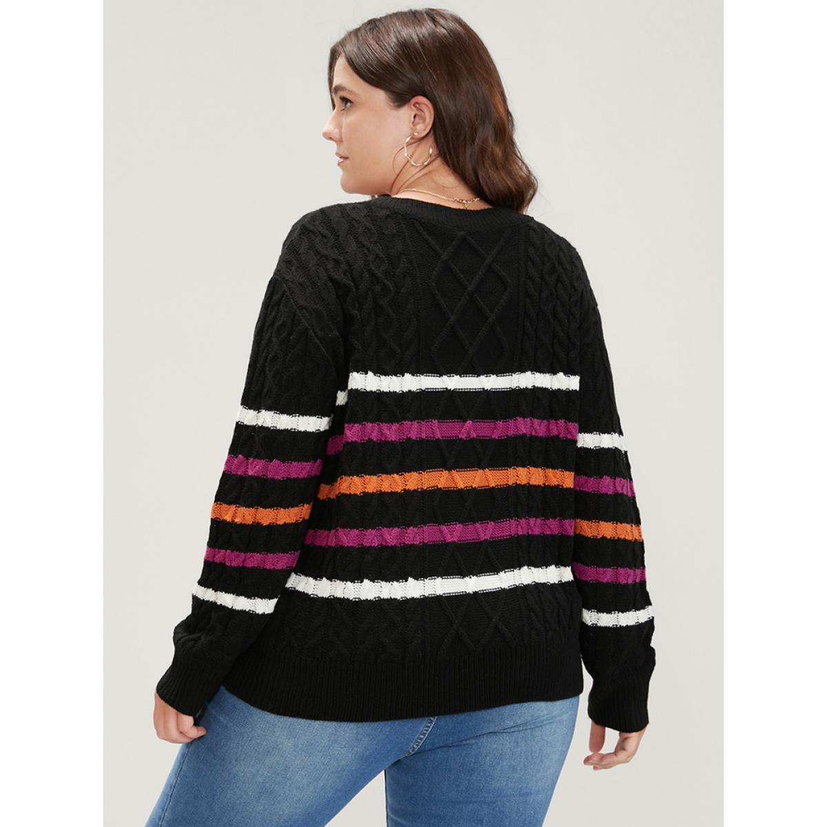 Plus Size Striped Contrast Pointelle Knit Geometric Jacquard Knit Top Black Women Casual Long Sleeve V-neck Dailywear Pullovers BloomChic 12/L Product Image