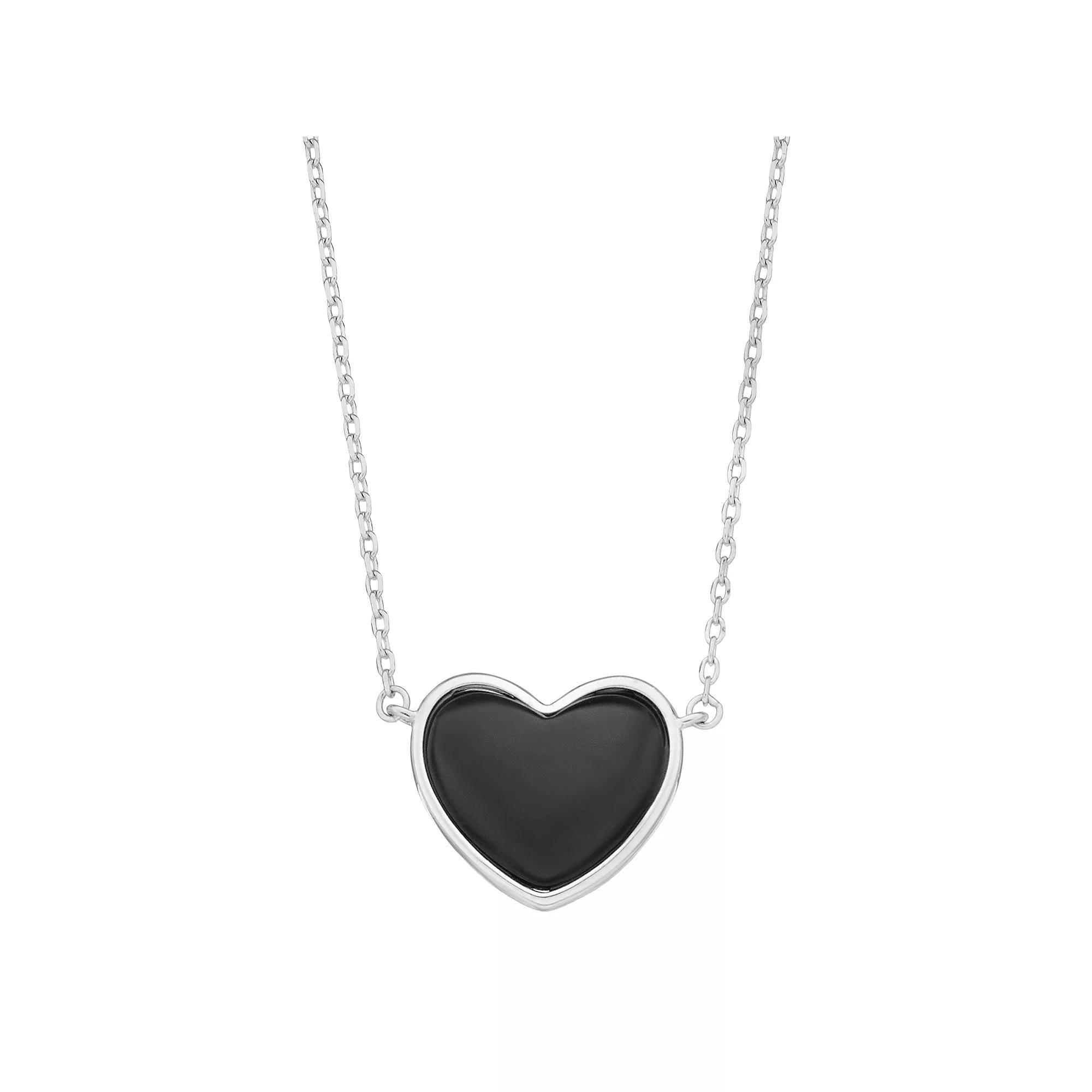 Sterling Silver & Onyx Puffed Heart Necklace, Women's, Size: 18" Product Image