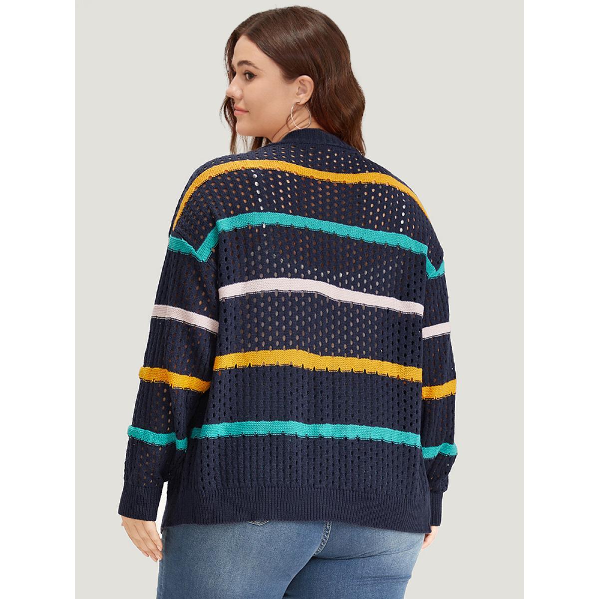 Plus Size Contrast Striped Button Through Hollow Out Cardigan Indigo Women Casual Loose Long Sleeve Everyday Cardigans BloomChic 22-24/3X Product Image