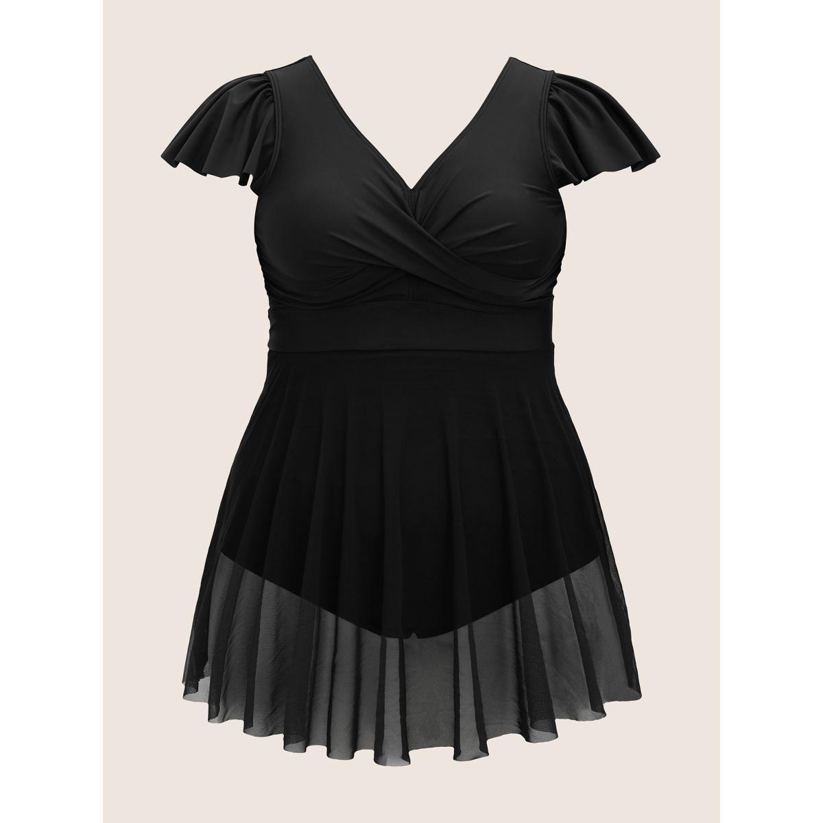 Plus Size Solid Ruffles Gathered See Through Swim Dress Women's Swimwear Black Beach Bodycon V-neck High stretch Curve Swim Dresses BloomChic 26/4X Product Image