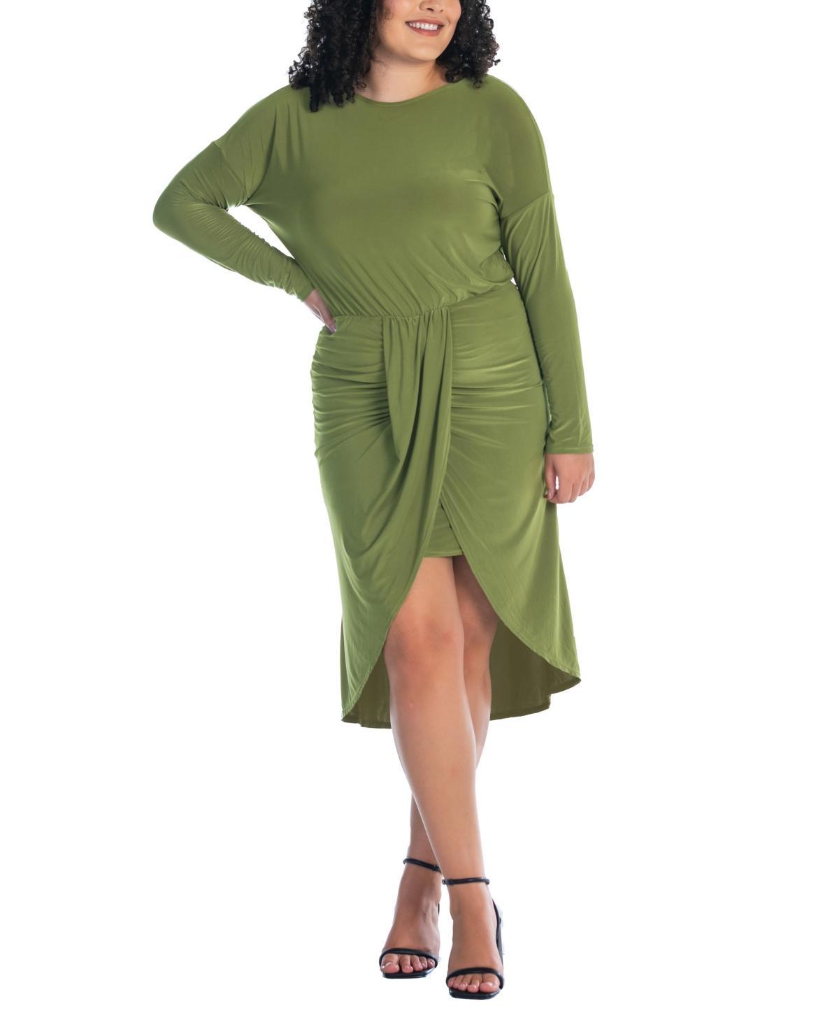 Plus Size 24Seven Comfort Apparel Long Sleeve Tulip Skirt Knee Length Dress, Women's, Size: 3XL, Avocado Product Image