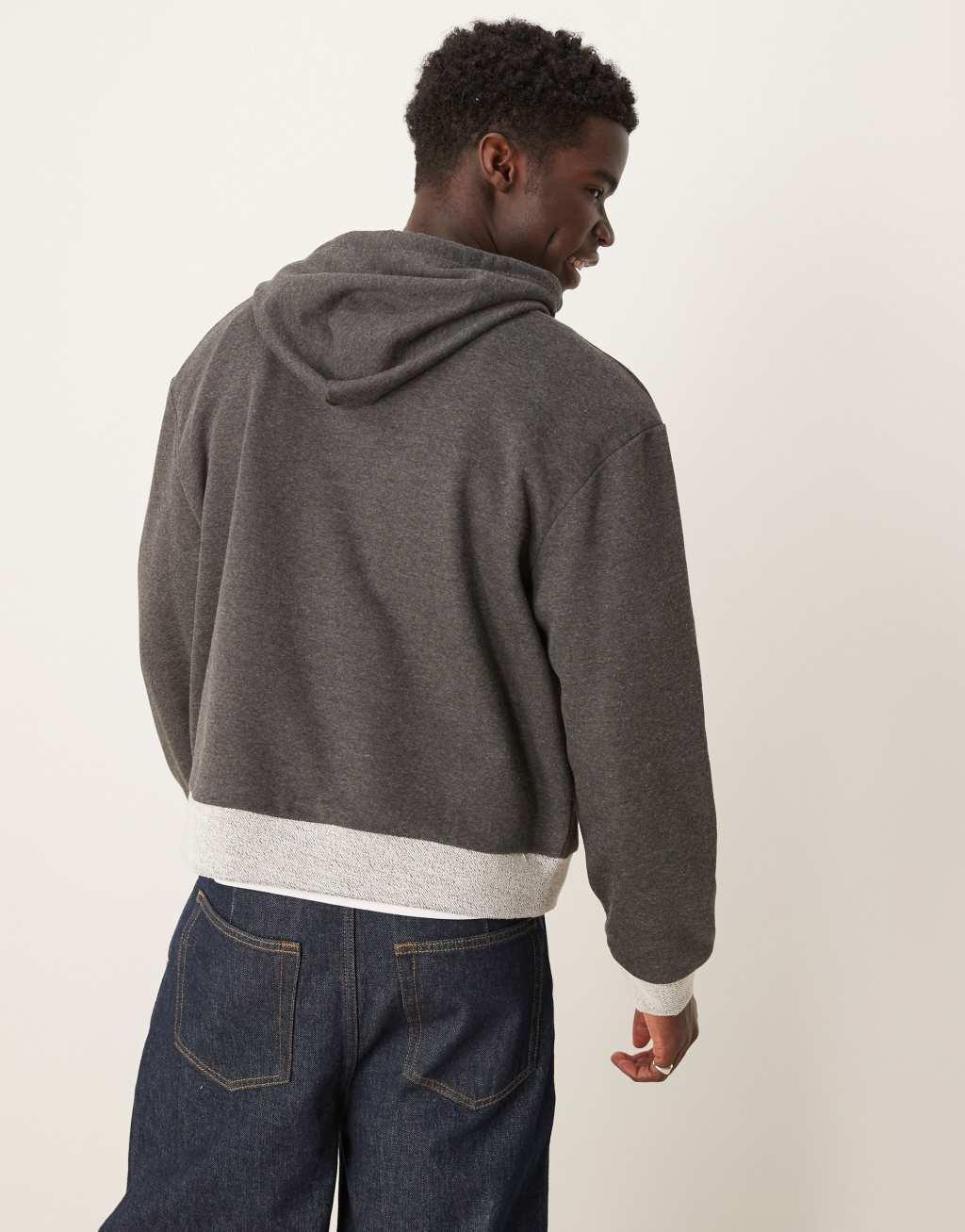 ASOS DESIGN oversized boxy hoodie with contrast hem in charcoal Product Image