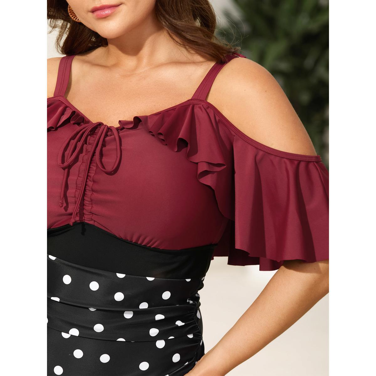 Plus Size Color Block Polka Dots One-Piece Swimsuit Women's Swimwear Deepred Beach Contrast Curve Bathing Suits High stretch One Pieces BloomChic 10/M Product Image