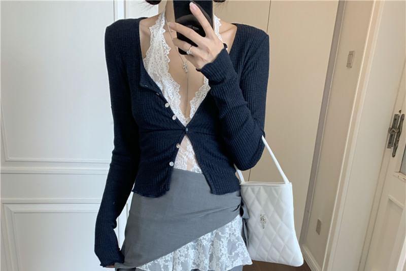 Halter-Neck V-Neck Lace Top / High Waist Wide Leg Pants / V-Neck Button-Up Cardigan Product Image