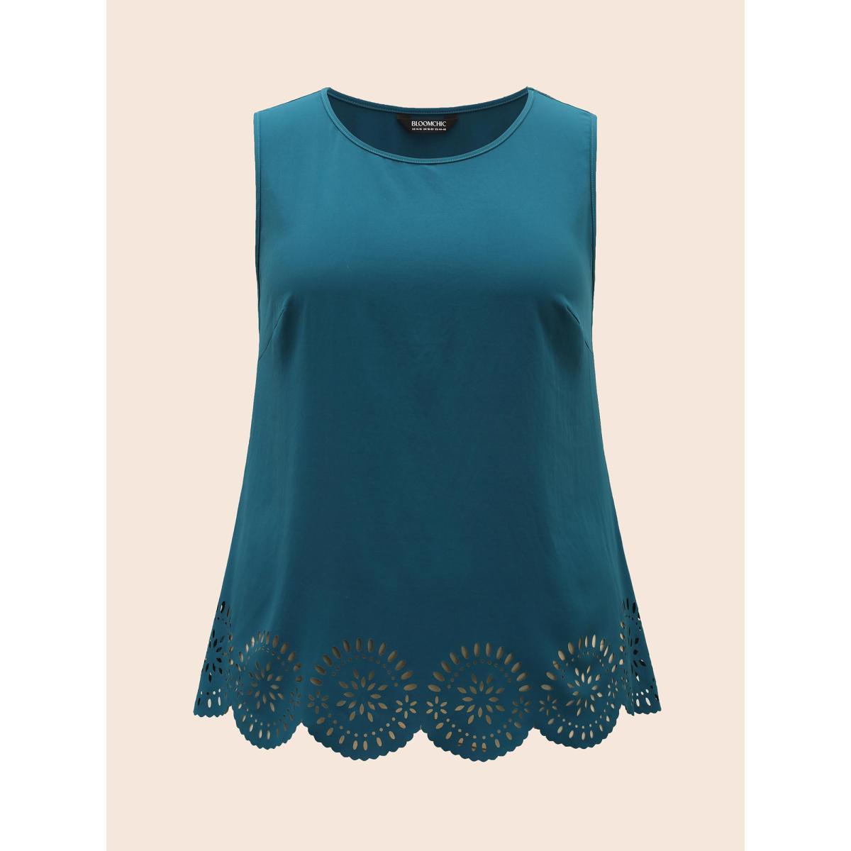 Plus Size Solid Crew Neck Laser Cut Tank Top Women Aegean Elegant Cut-Out Round Neck Everyday Tank Tops Camis BloomChic 26/4X Product Image