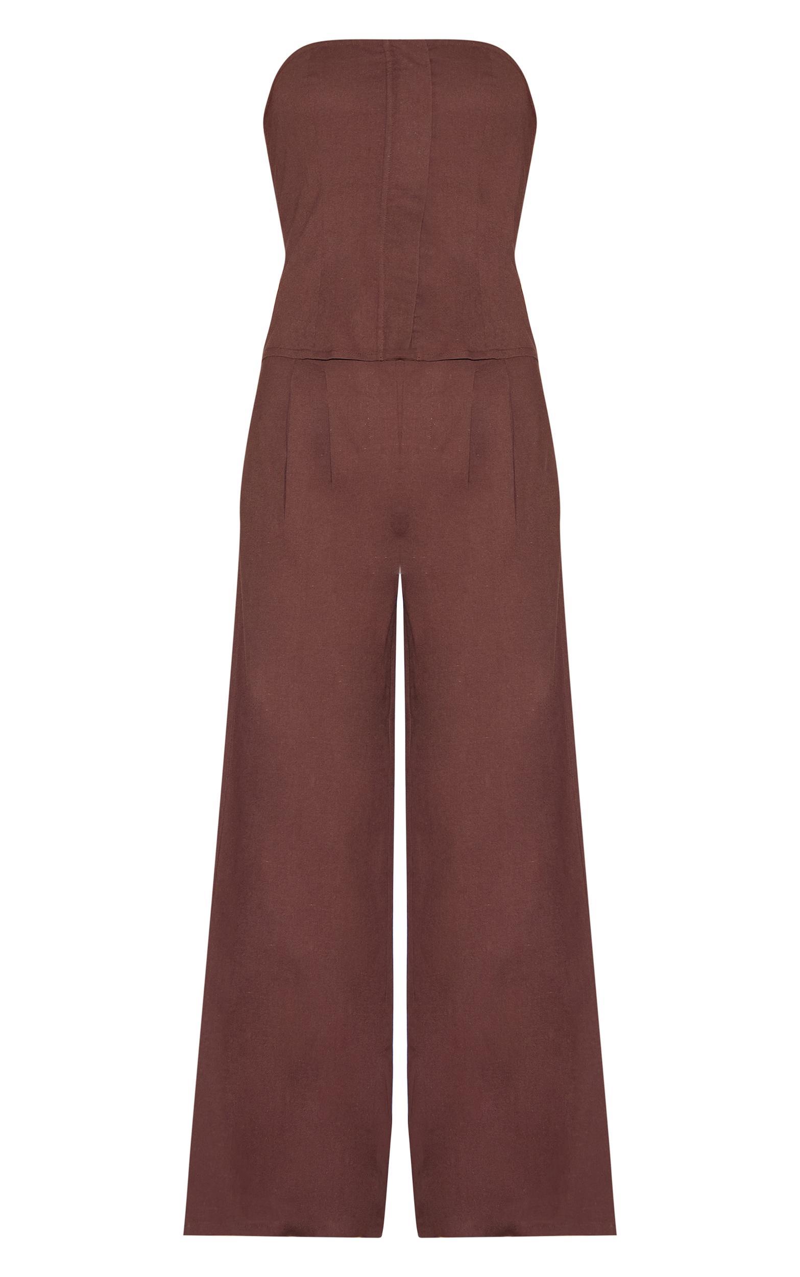 Chocolate Linen Blend Tailored Bandeau Wide Leg Jumpsuit Product Image