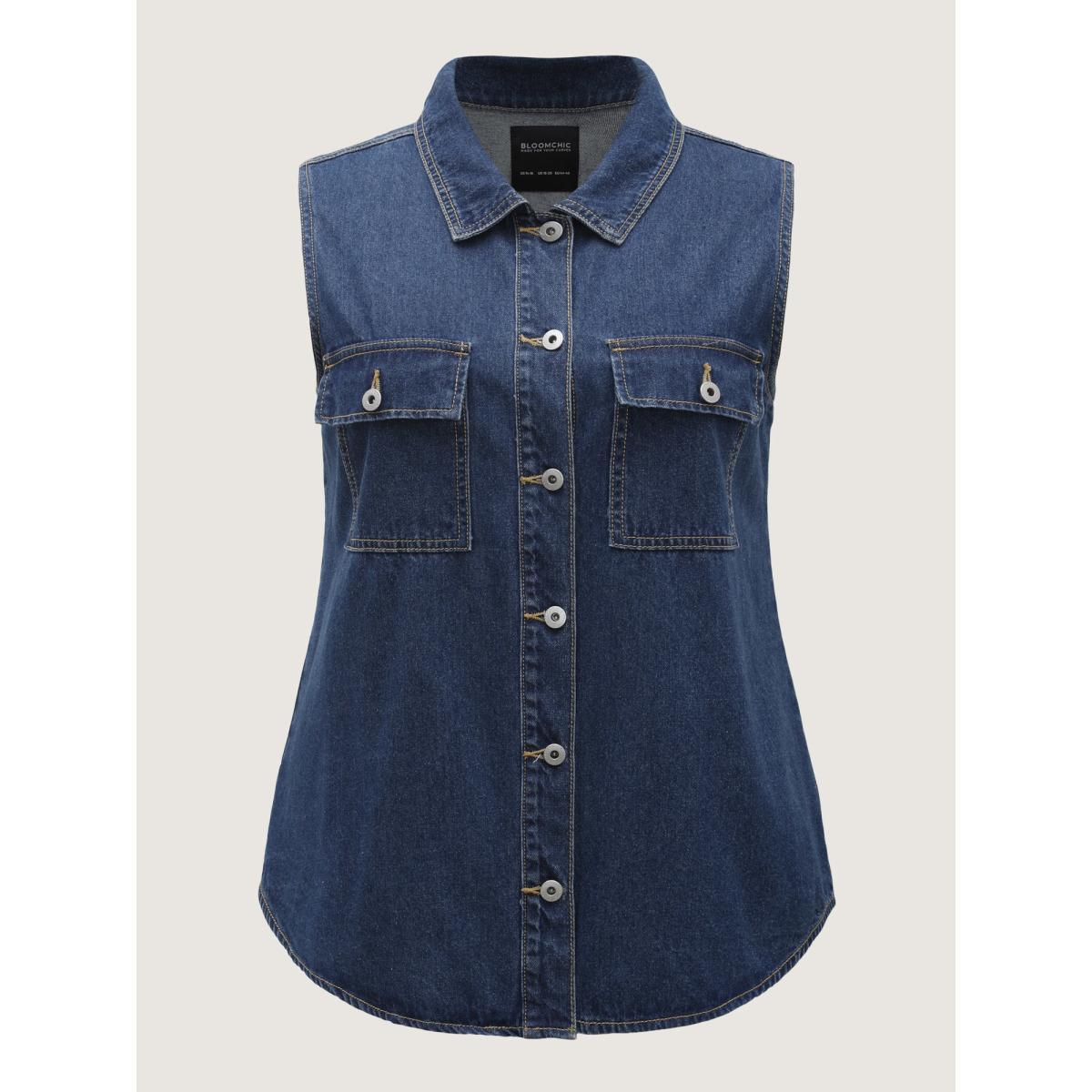 Women Button-Front Long Denim Vest Jacket Denimindigo Plus Size Button Vacation Patch pocket Denim Jackets BloomChic 14-16/1X Product Image