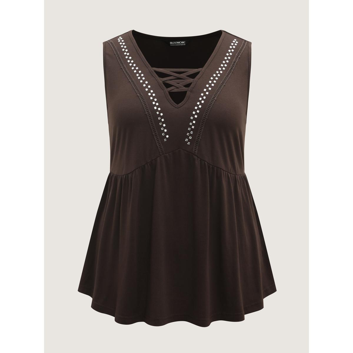 Plus Size Rhinestone Cross-Tie Flared Top Women DarkBrown Woven ribbon&lace trim Deep V-neck Vacation Tank Tops Camis BloomChic 14-16/1X Product Image