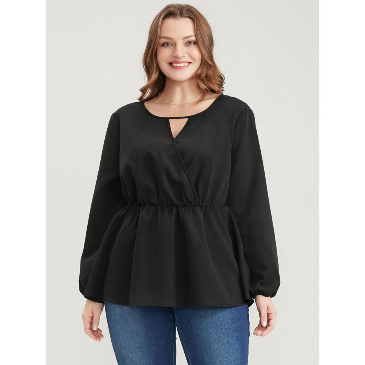 Plus Size Black Solid Lantern Sleeve Keyhole Round Neck Ruffle Blouse Women Elegant Long Sleeve Round Neck Dailywear Blouses BloomChic 22-24/3X Product Image
