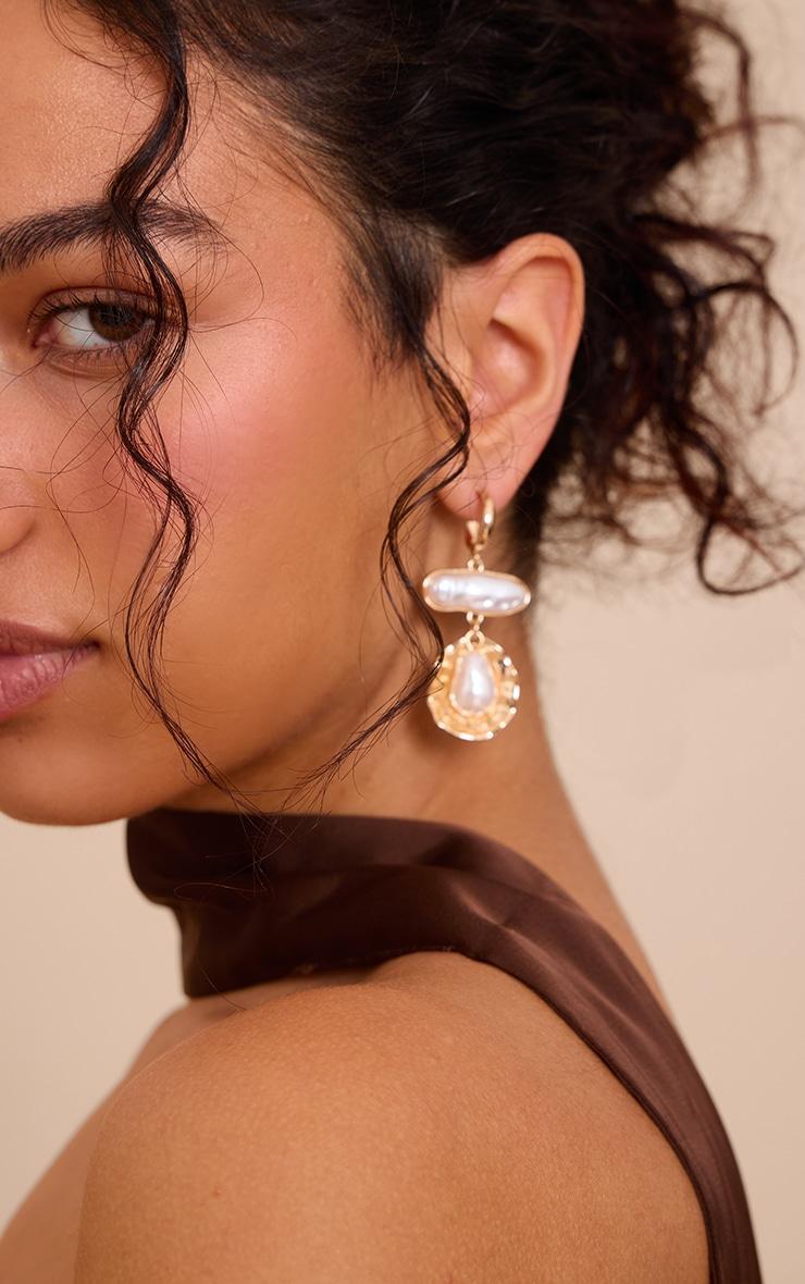 Gold Textured Draped Earring With Pearl Detail Product Image