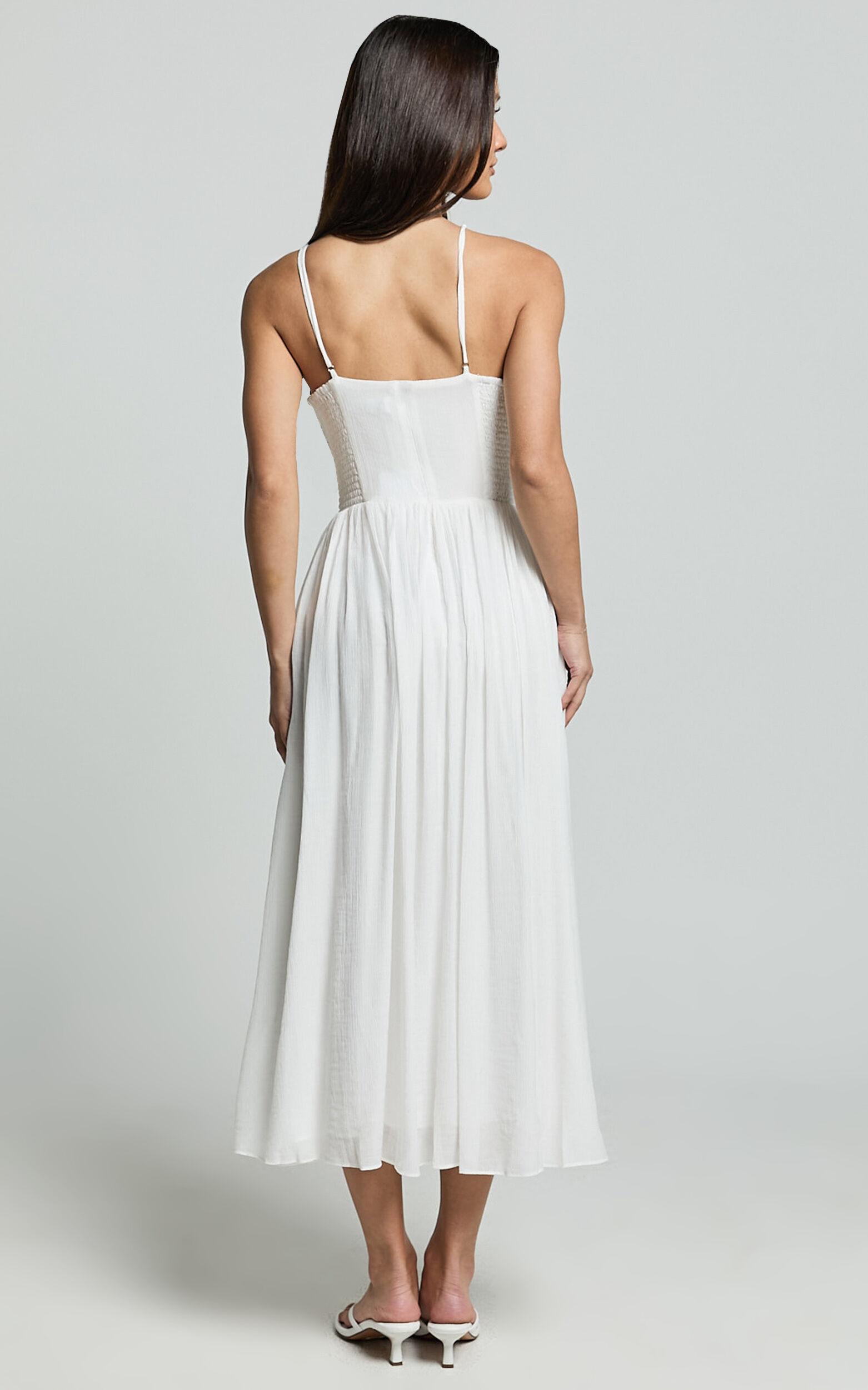 Roza Midi Dress - Ruched Bodice Dress in White Product Image