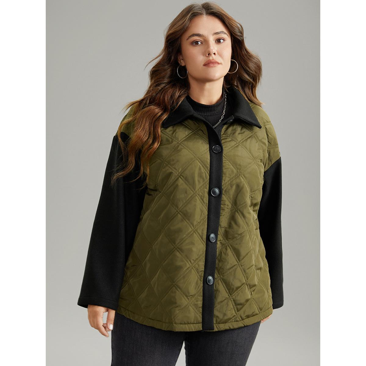 Plus Size Contrast Patchwork Quilted Button Up Jacket Women ArmyGreen Casual Texture Ladies Dailywear Winter Coats BloomChic 30/6X Product Image