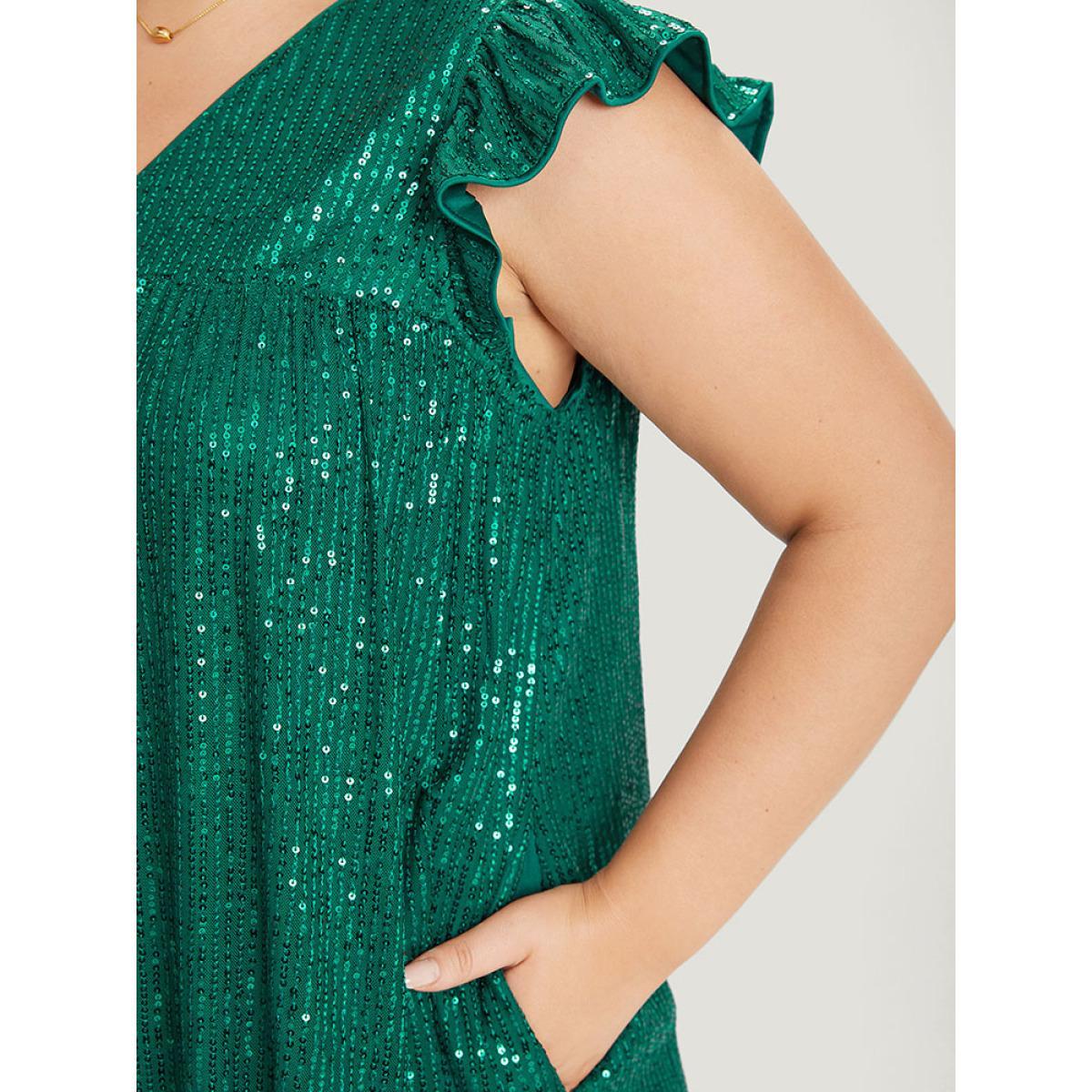 Plus Size Sequin Mesh Pocket Cap Sleeve Ruffle Trim Dress Emerald Women Party Plain V-neck Half Sleeve Curvy Knee Dress BloomChic 28/5X Product Image