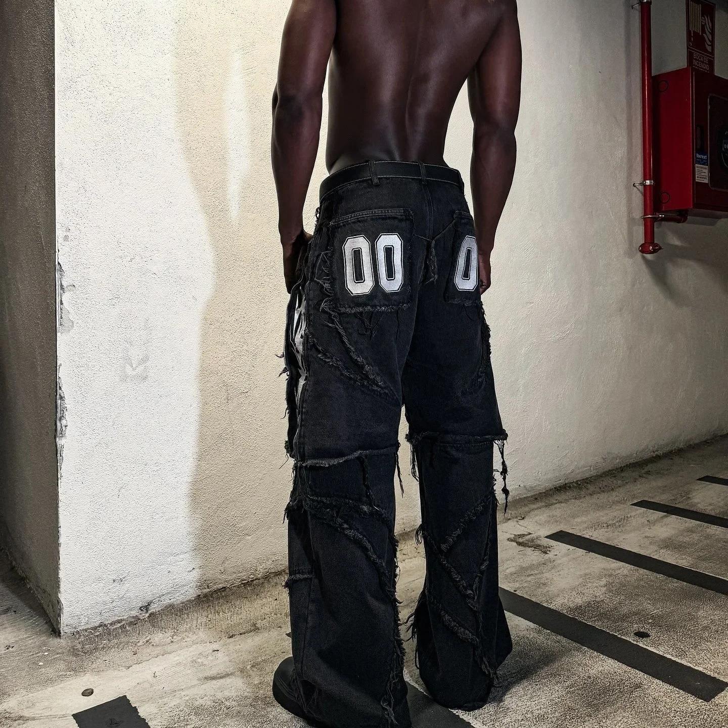 Hiphop Flame Distressed And Removable Denim Baggy Jeans Product Image
