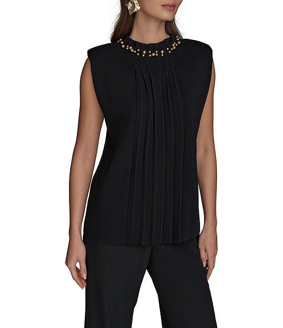 Donna Karan Crew Neck Beaded Collar Pleated Sweater Product Image