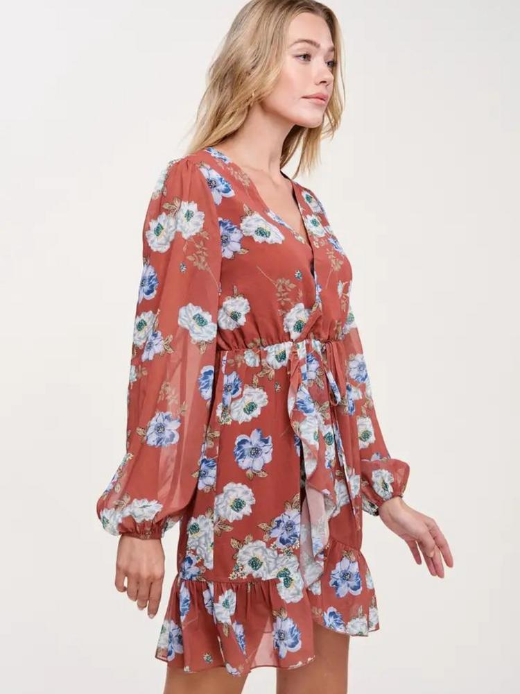 Floral Print V Neck Wrap Long Balloon Sleeve Midi Dress Product Image
