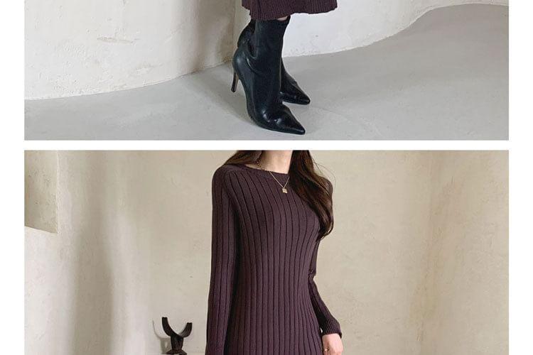 Long-Sleeve Crew Neck Plain Ribbed Maxi Sweater Dress Product Image