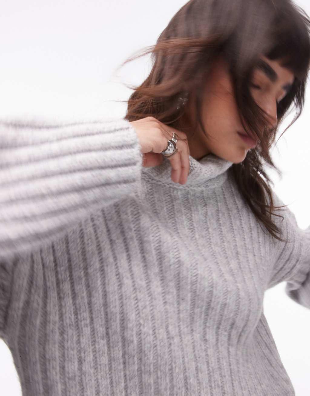 Topshop knitted roll neck rib crop sweater in gray Product Image
