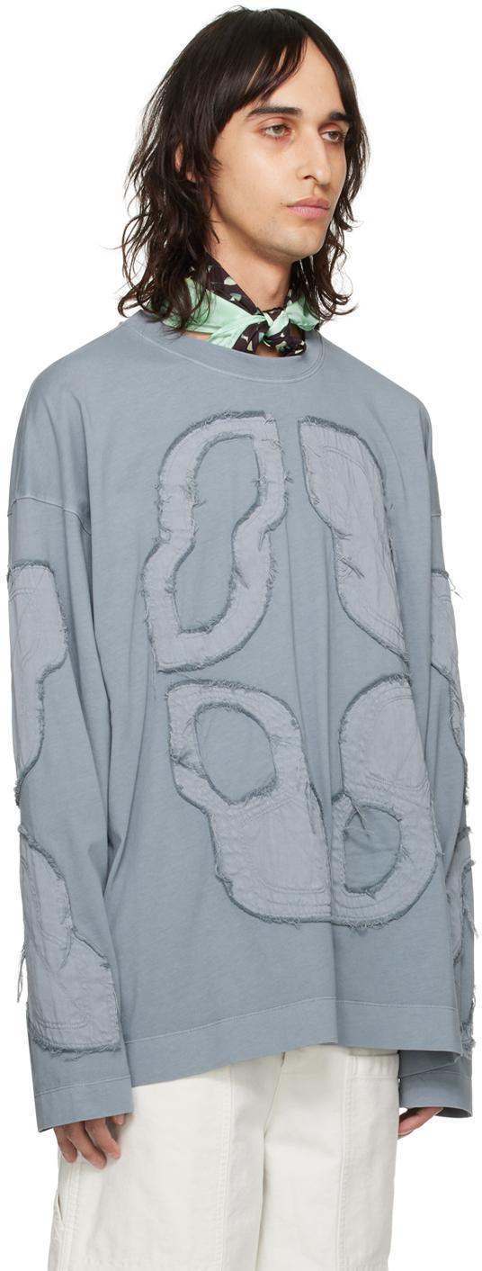 DRIES VAN NOTEN Blue Frayed Long Sleeve T-shirt In 801 Cement Product Image