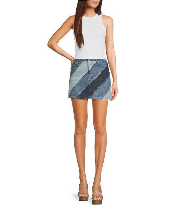 Chelsea & Violet Sara Denim Patchwork High Rise Fitted Jean Mini Skirt Product Image