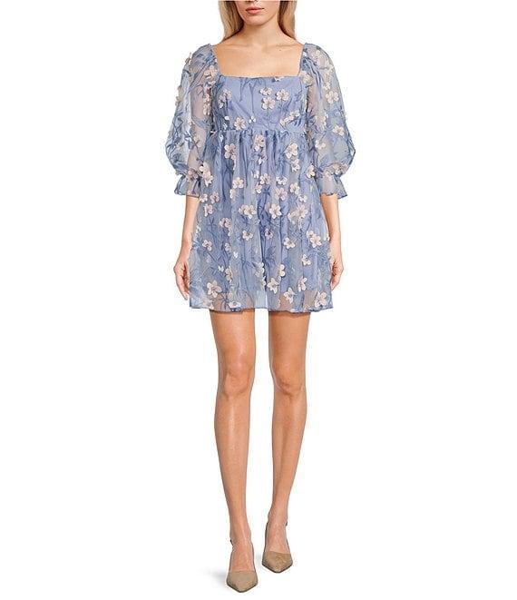 Allison & Kelly Floral Mesh Square Neck Embellished 3/4 Sleeve Babydoll Dress Product Image