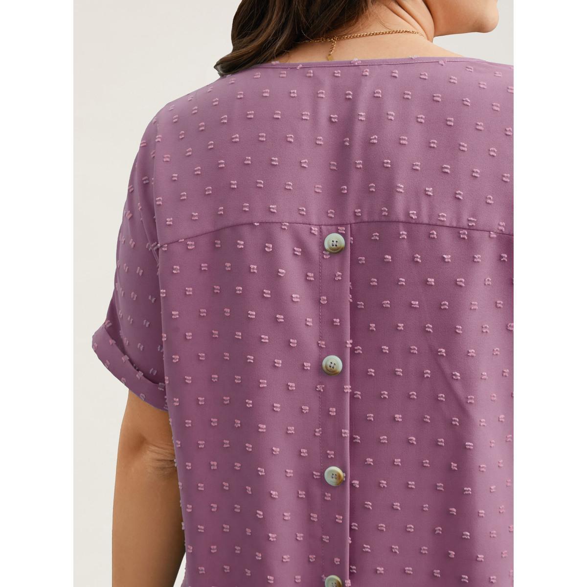 Plus Size Mauve Back-Button Textured V-Neck Shirt Women Elegant Short sleeve V-neck Everyday Blouses BloomChic 28/5X Product Image