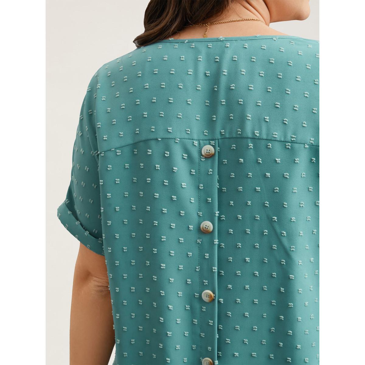 Plus Size Teal Back-Button Textured V-Neck Shirt Women Elegant Short sleeve V-neck Everyday Blouses BloomChic 22-24/3X Product Image