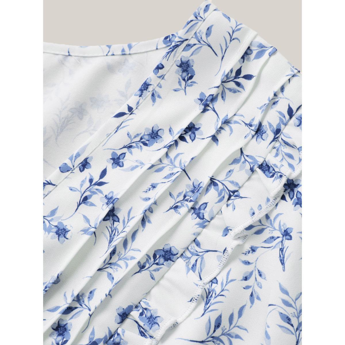 Plus Size Ivory Floral Pleated Elastic Waist Ruffle Sleeve Blouse Women Elegant Half Sleeve V-neck Everyday Blouses BloomChic 28/5X Product Image