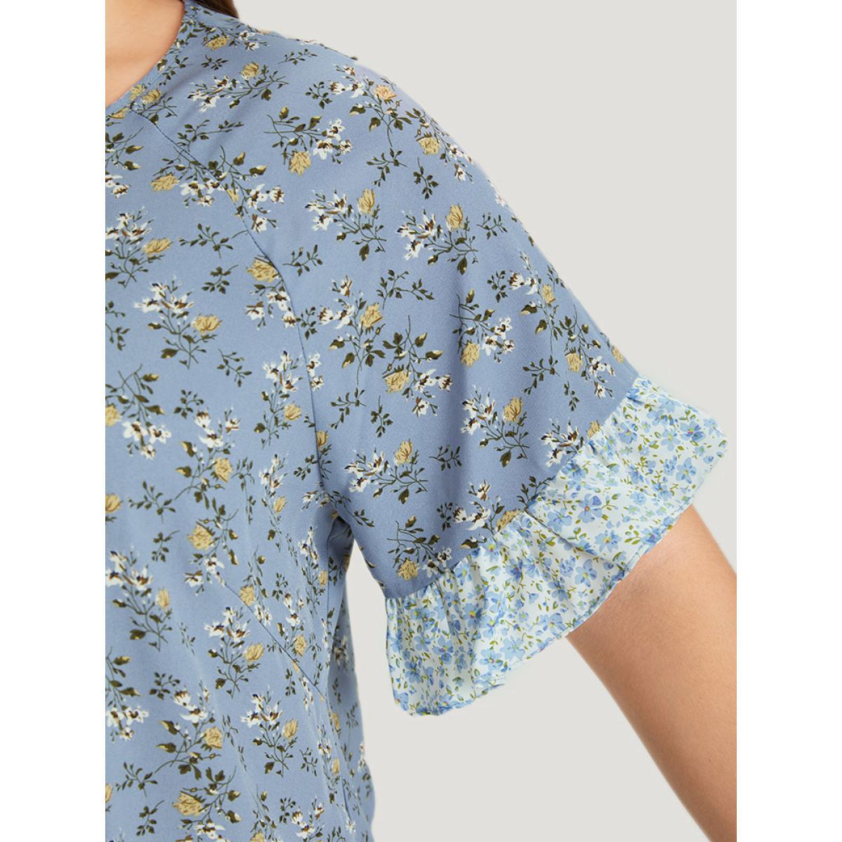 Plus Size Stone Ditsy Floral Tassels Tie Patchwork Ruffle Sleeve Blouse Women Elegant Short sleeve Tie Neck Dailywear Blouses BloomChic 18-20/2X Product Image