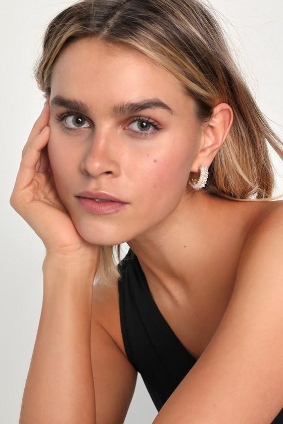 Consistently Charming Gold Beaded Rhinestone Hoop Earrings Product Image