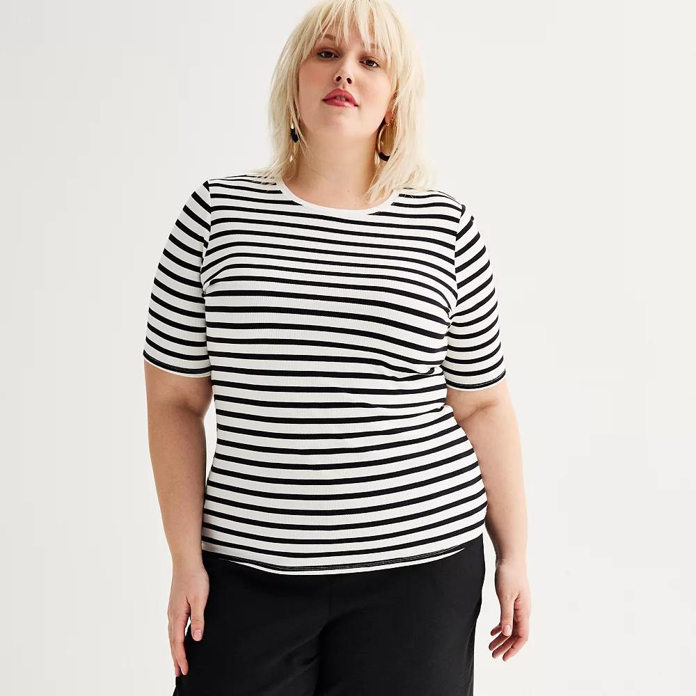 Plus Size Nine West Fitted Elbow Sleeve Top, Women's, Size: 4XL, Black White Product Image