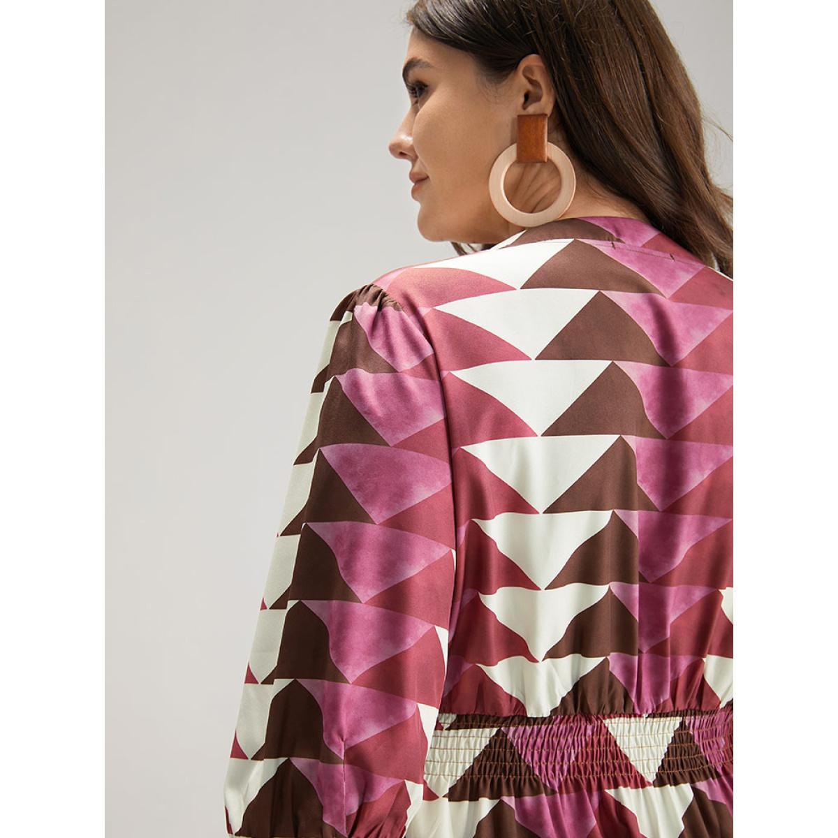 Plus Size Geometric Shirred Button Up Ruffle Hem Dress RedViolet Women Vacation Printed Notched collar Elbow-length sleeve Curvy Midi Dress BloomChic 18-20/2X Product Image