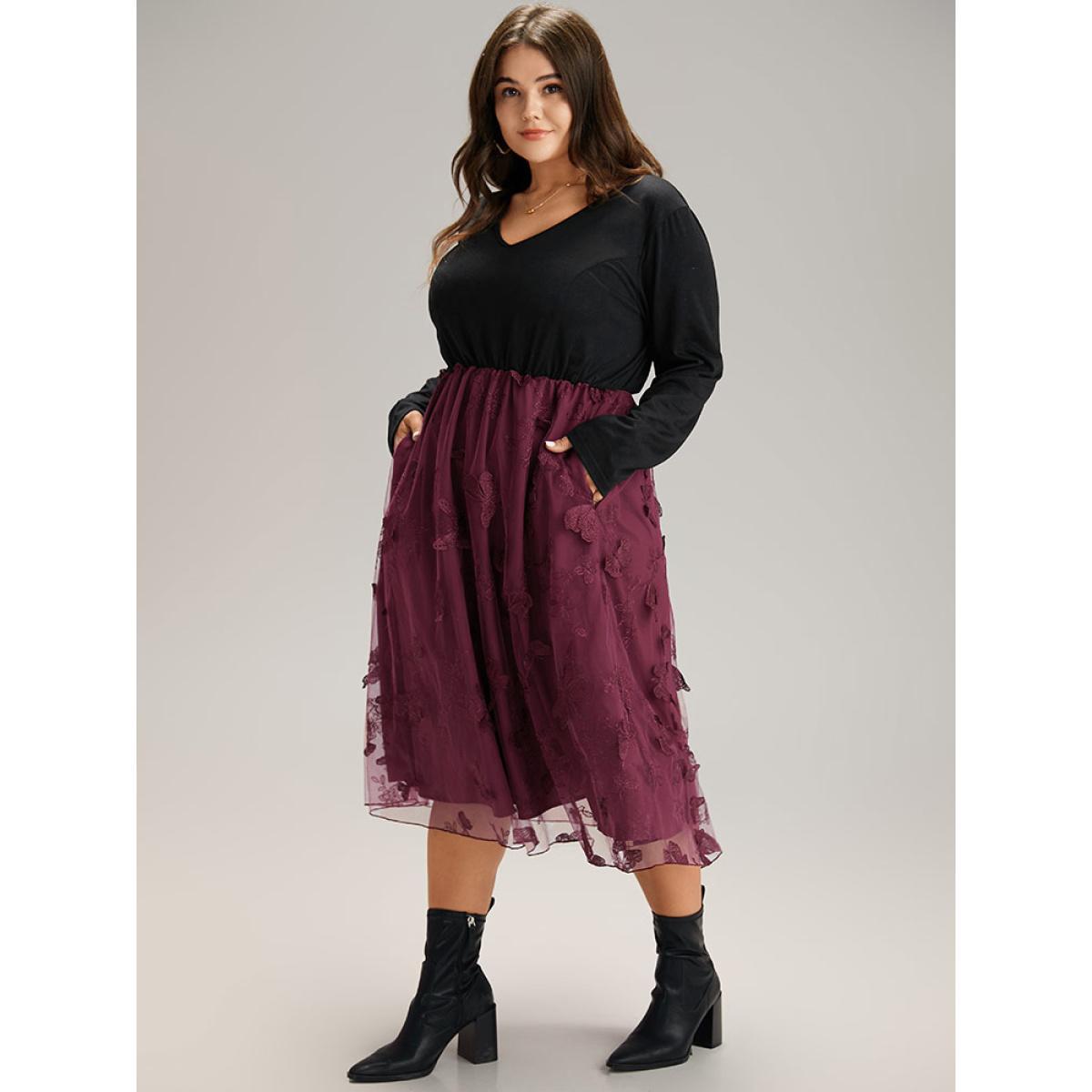 Plus Size Butterfly Graphic Patchwork Mesh Dress Burgundy Women Glamour See through V-neck Long Sleeve Curvy Midi Dress BloomChic 10/M Product Image