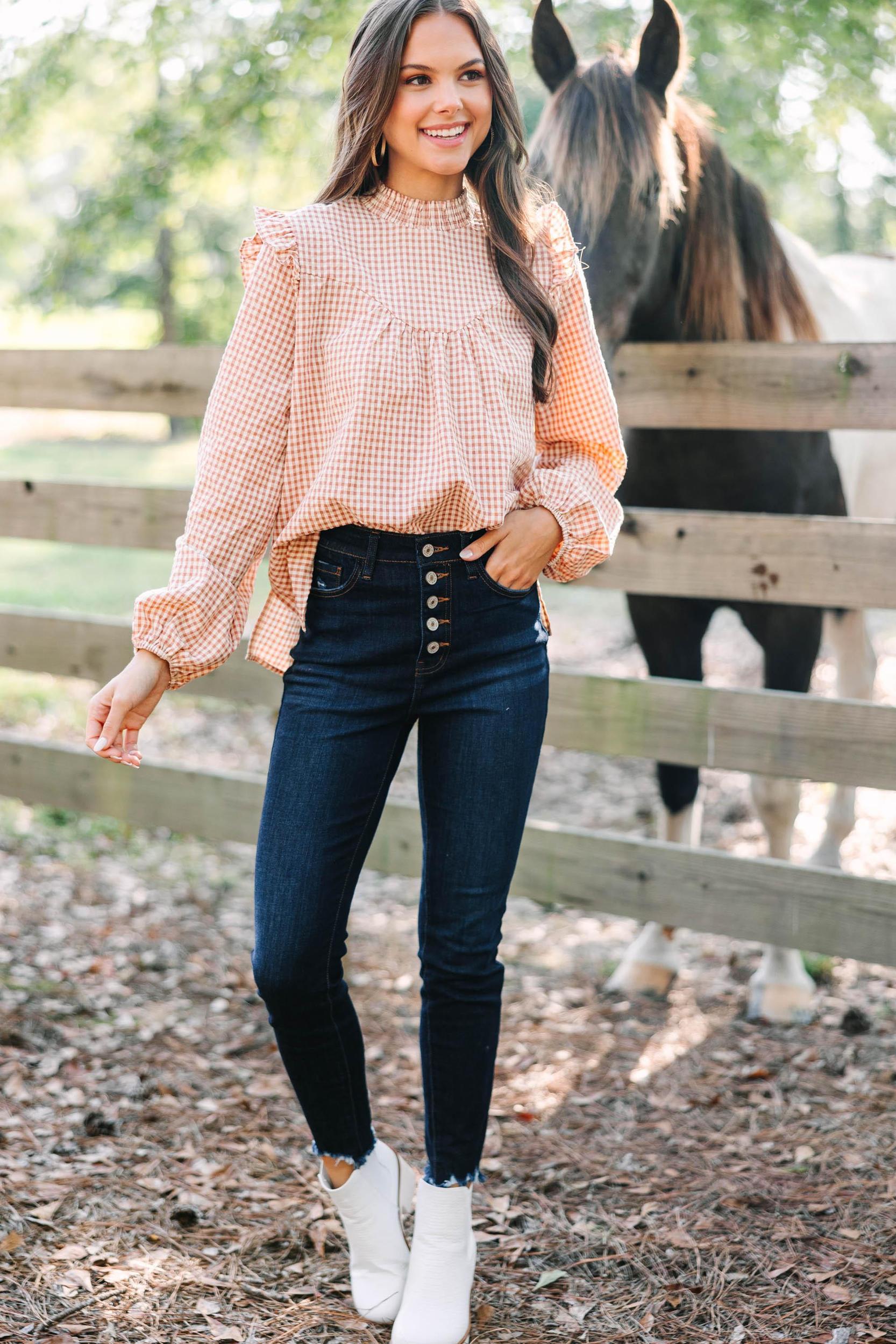 Find You Well Rust Orange Gingham Blouse Female Product Image