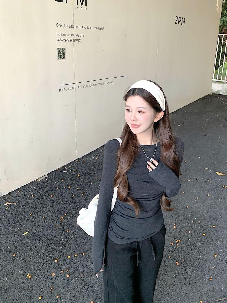 Long Sleeve Round Neck Plain Ruched T-Shirt Product Image