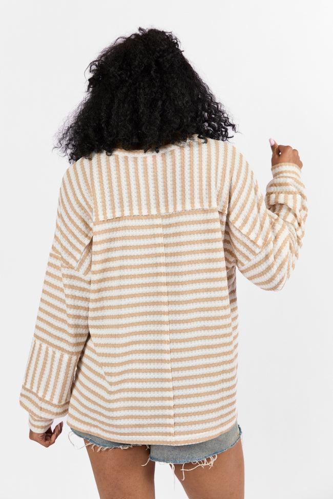 All For Sun Tan and Ivory Striped Knit V-Neck Long Sleeve Tee FINAL SALE Product Image