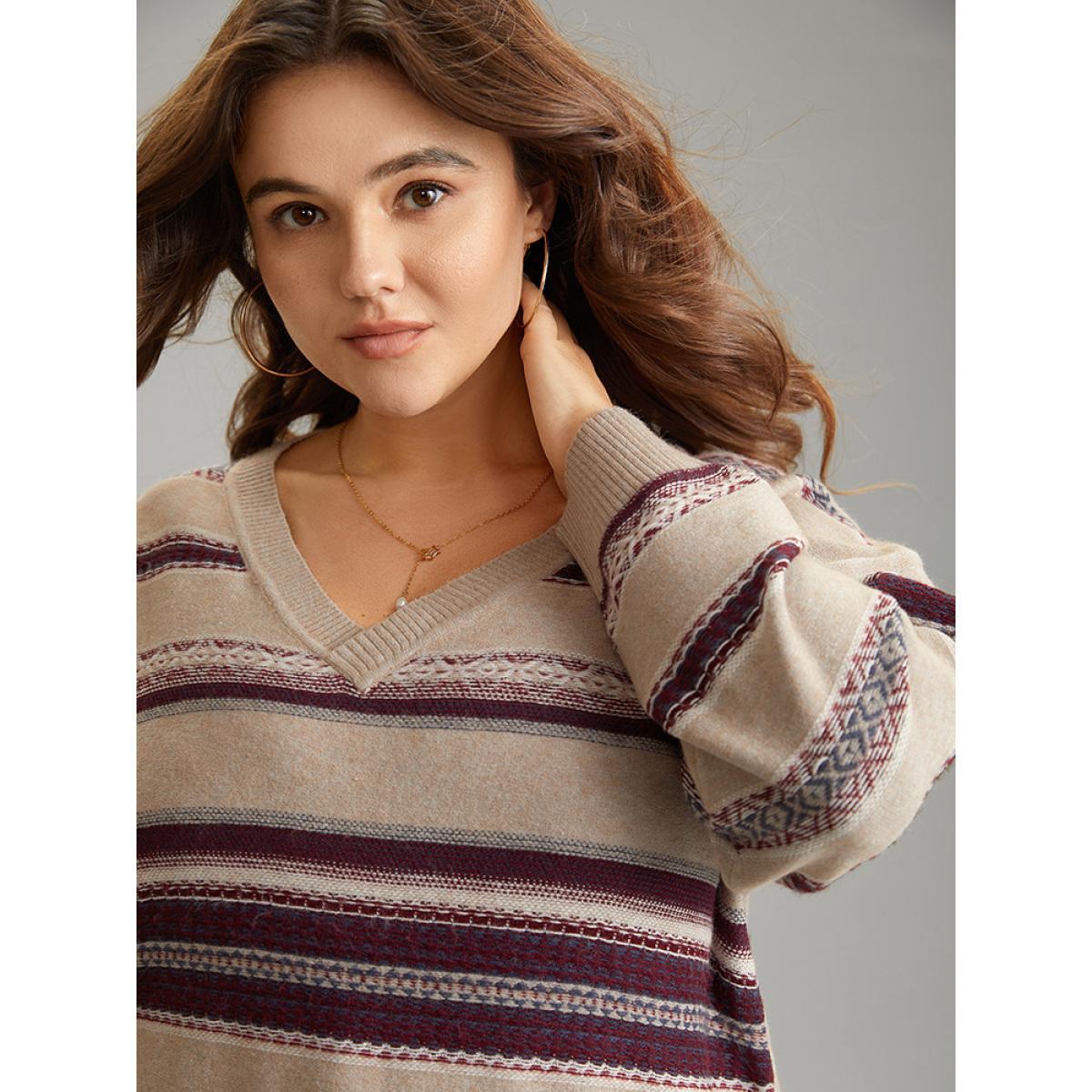 Plus Size Supersoft Essentials Striped Print Drop Shoulder Pullover LightBrown Women Casual Loose Long Sleeve Deep V-neck Everyday Pullovers BloomChic 26/4X Product Image