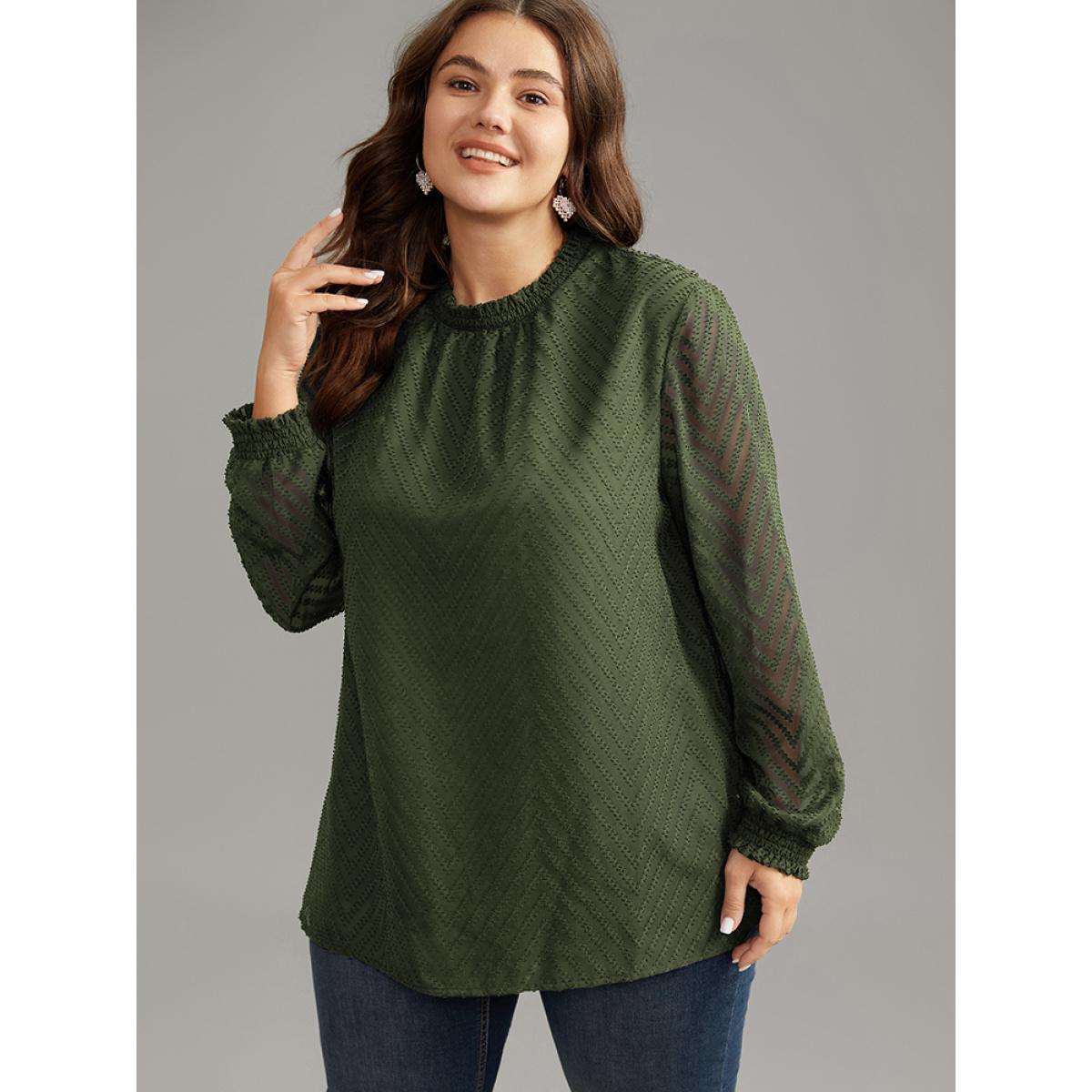 Plus Size ArmyGreen Plain Patchwork Mesh Shirred Frill Trim Blouse Women Office Long Sleeve Round Neck Work Blouses BloomChic 28/5X Product Image
