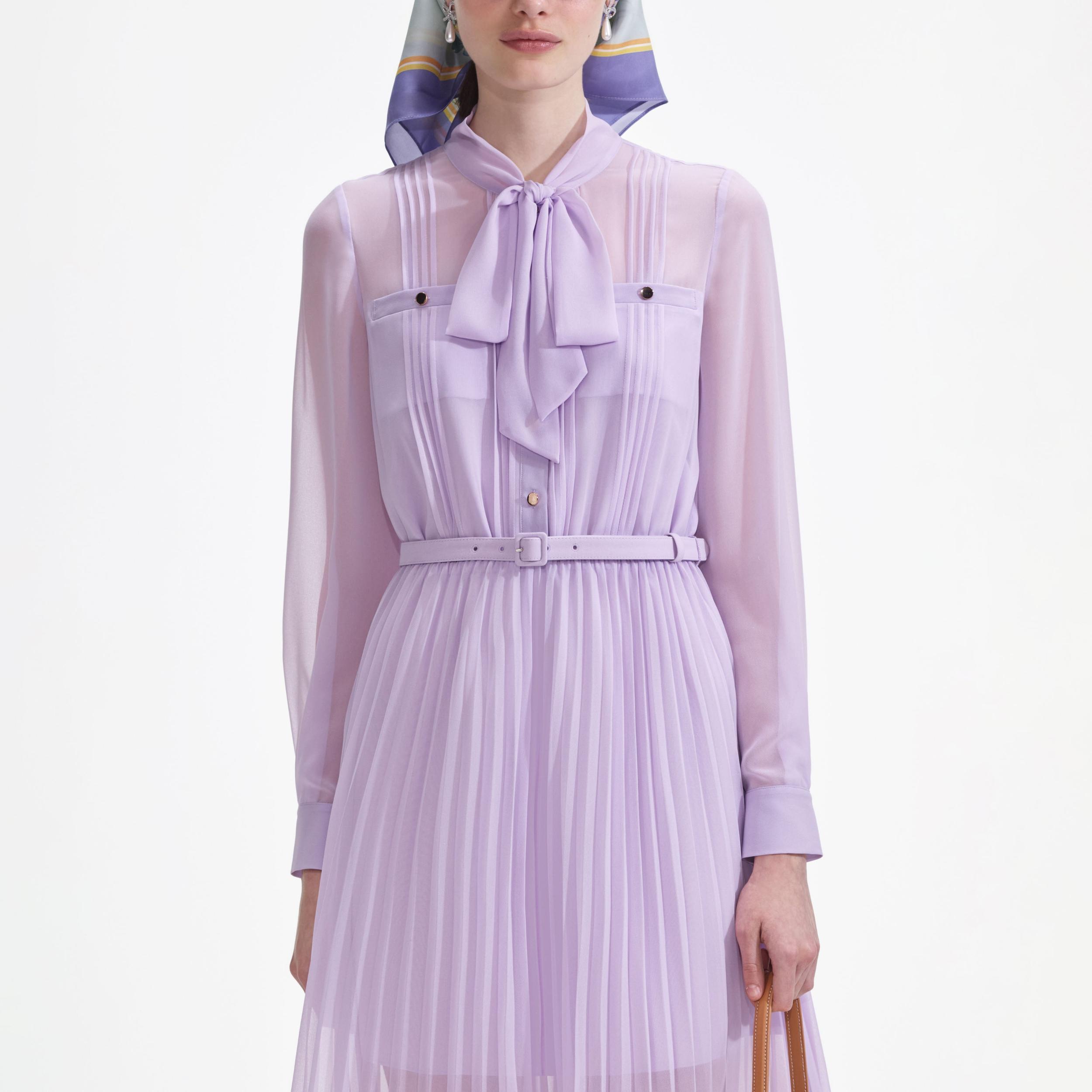 Lilac Chiffon Pussy Bow Midi Dress Product Image