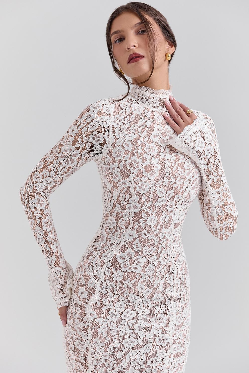 Sophia Vintage Ivory Lace Fitted Midi Dress Product Image