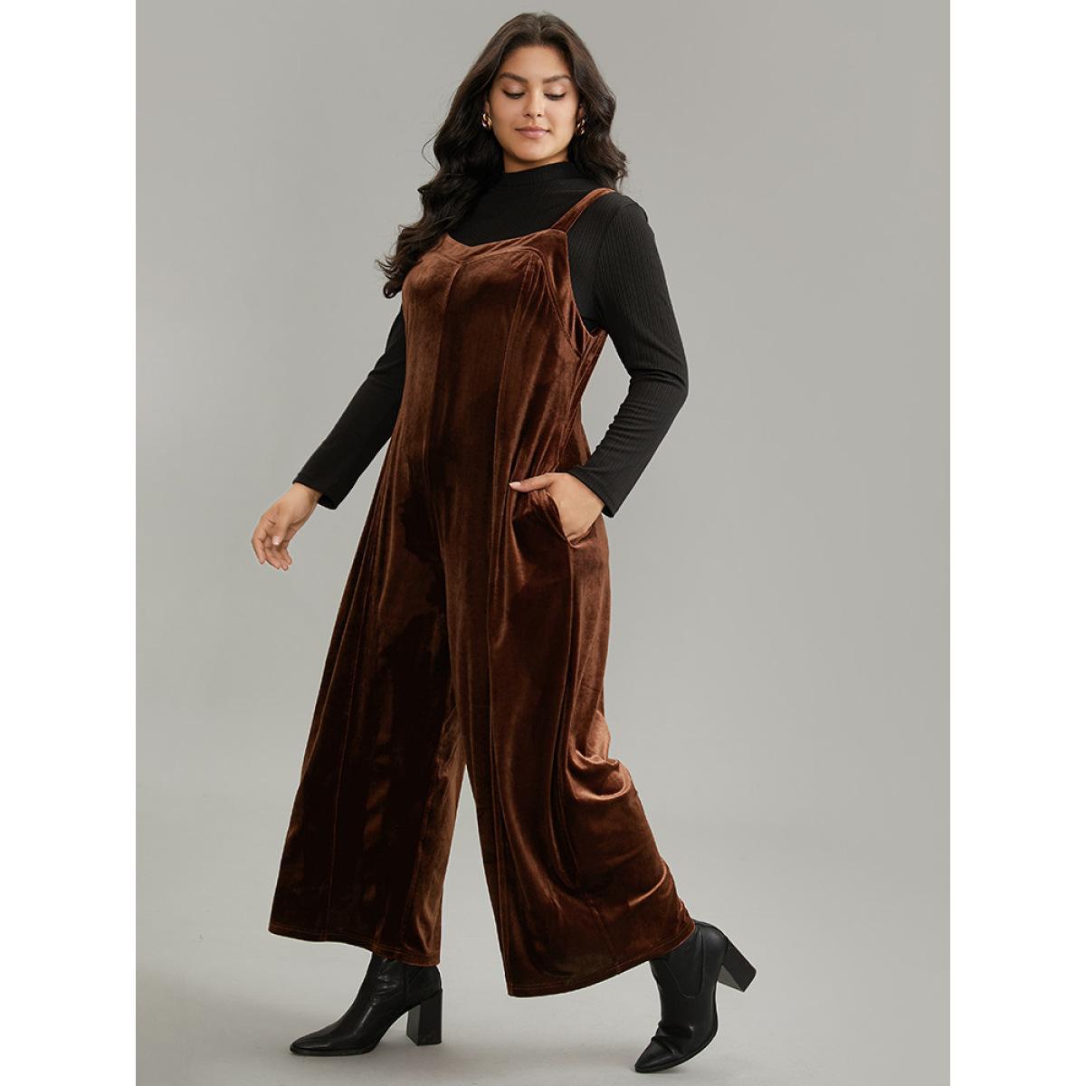 Plus Size Chocolate Plain Velvet Spaghetti Strap Pocket Jumpsuit Women Casual Sleeveless Spaghetti Strap Dailywear Loose Jumpsuits BloomChic 10/M Product Image