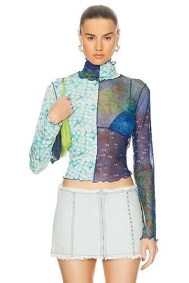 SIEDRES Cody Mesh Printed Turtleneck Top in Blue Product Image