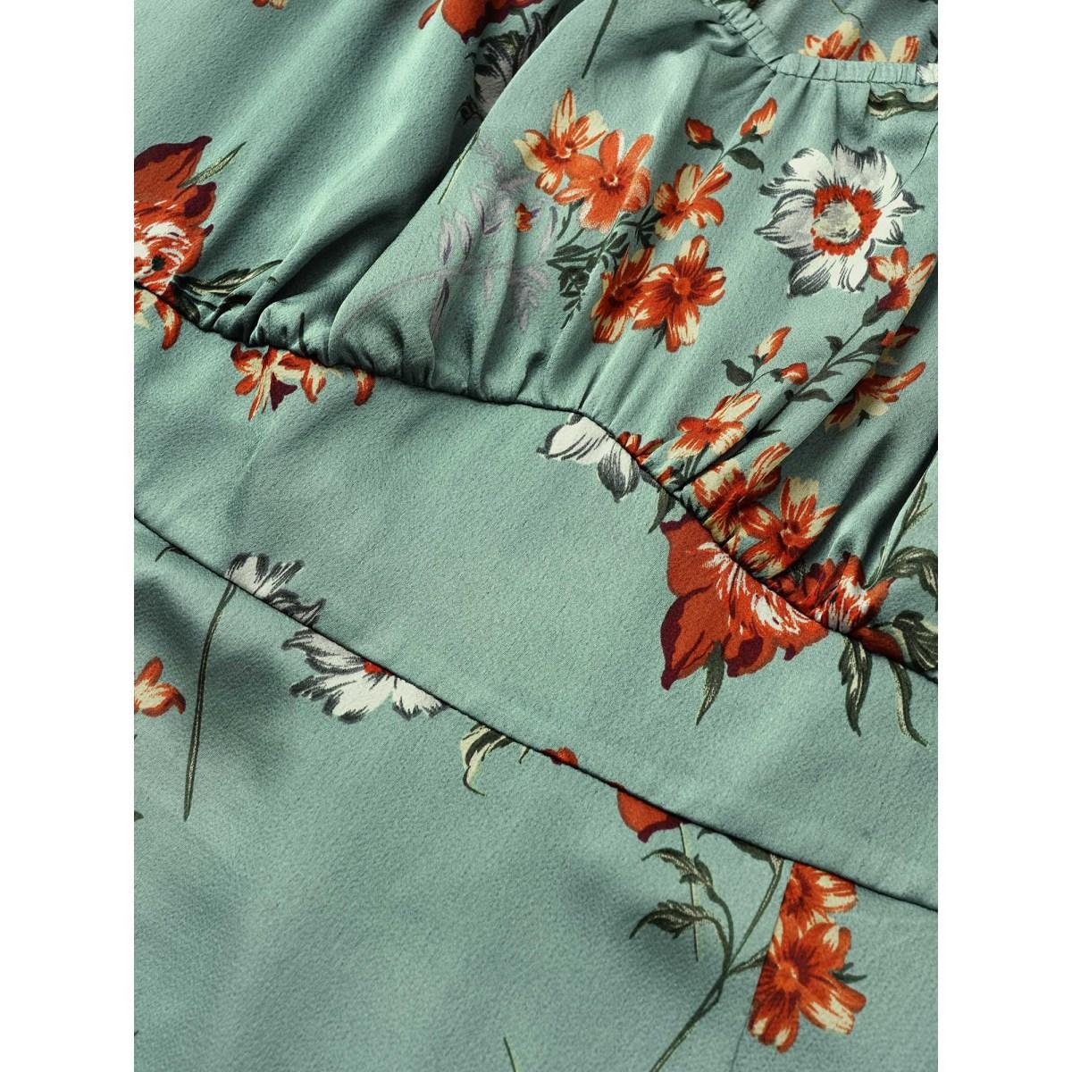 Plus Size Floral Elastic Waist Gathered Split Front Dress Mint Women Elegant Non Square Neck Elbow-length sleeve Curvy Midi Dress BloomChic 10/M Product Image