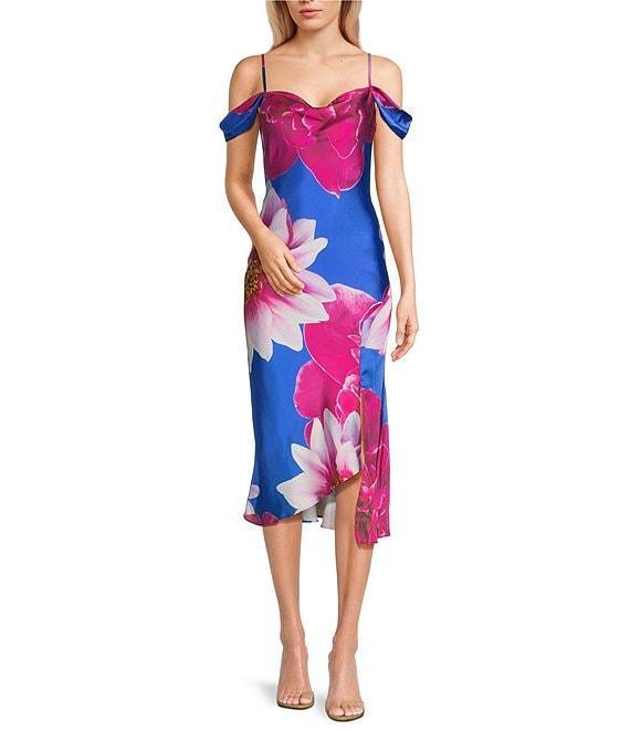 I.N. San Francisco Floral Print Off The Shoulder Spaghetti Strap Cowl Neck Midi Slit Dress Product Image